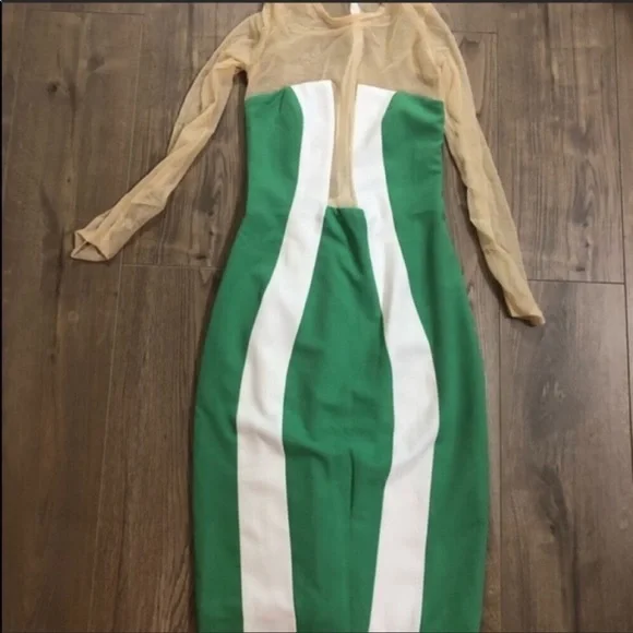 AQAQ Green & White Long Sleeve Midi Bodycon Dress - Picture 3 of 4